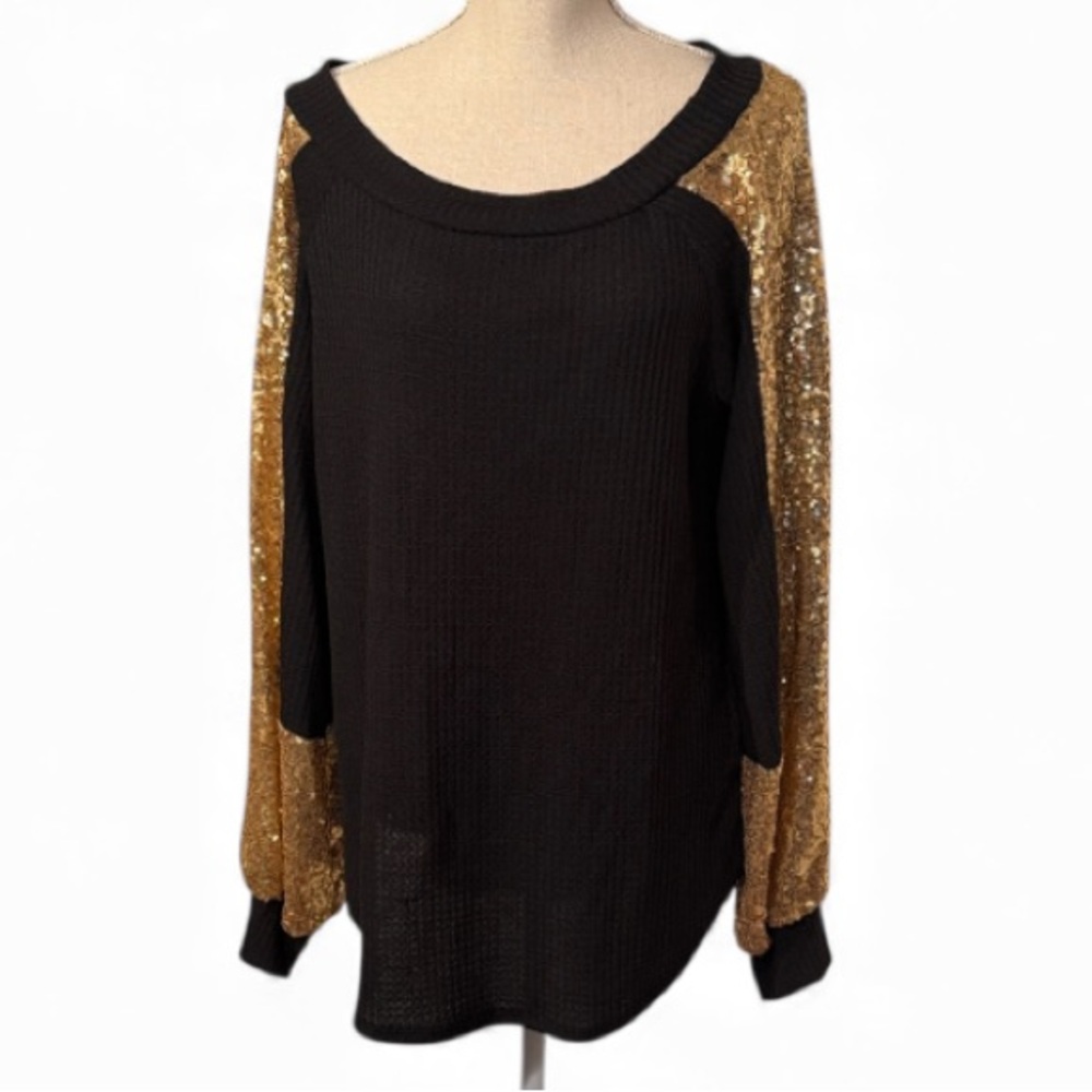 FSL + Apparel Black Gold Sequin L/S Waffle Tunic Top Large Sparkle Festive NEW
